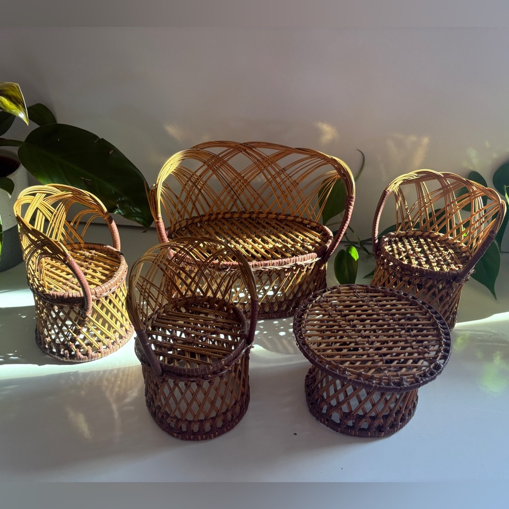 Vintage Wicker Doll Patio Set Rattan Miniature Chairs for Barbie Boho